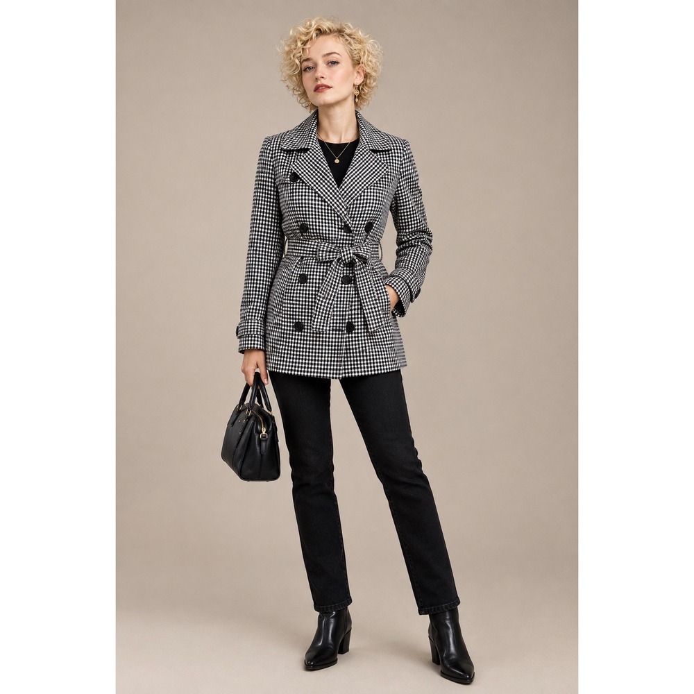 Forever 21 Gingham Trench Jacket Small Black White Belted